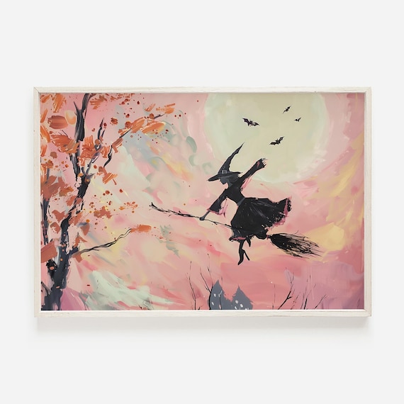 Witch Flying On Broomstick Pink Sunset Halloween Painting Art Poster