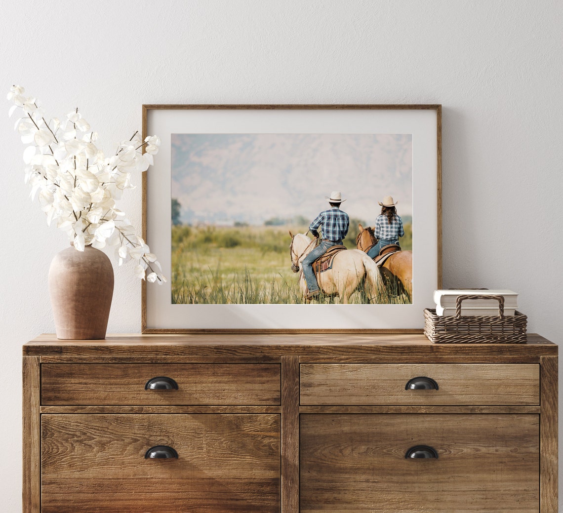 Cowboy Couple Horseback Riding Western Prairie Sunset Landscape Poster - Image 3