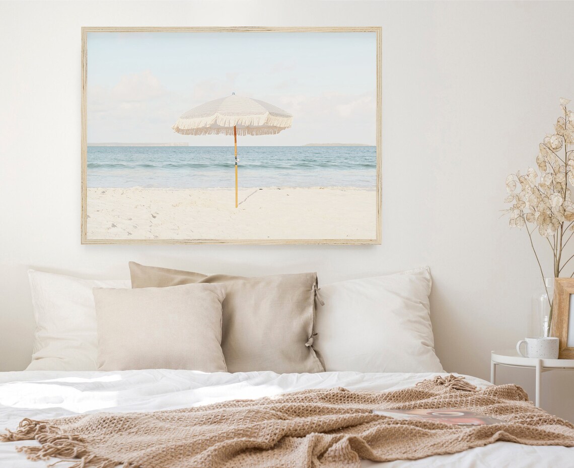 Beige Beach Umbrella Neutral Beach Photography Art Print - Image 3