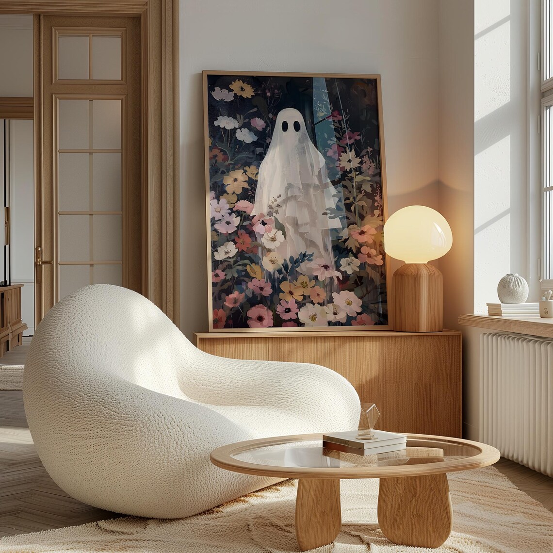 Cute Ghost in Dark Flower Garden Painting Floral Halloween Wall Art Print - Image 2