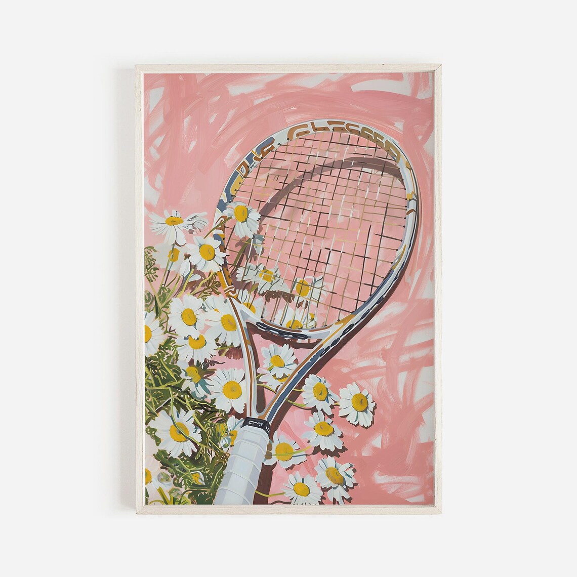 Pink Tennis Racket With Daisies Girly Sports Illustration Art Poster