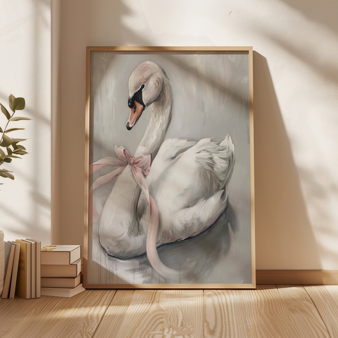 White Swan With Pink Bow Oil Painting Dreamy Coquette Room Wall Art - Image 4