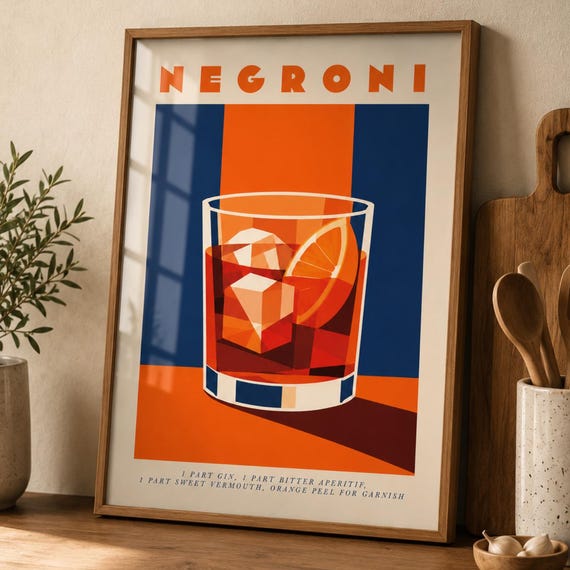 Negroni Cocktail Poster Vintage Bar Cart Wall Art Mid Century Modern Drink Print Retro Kitchen Home Decor