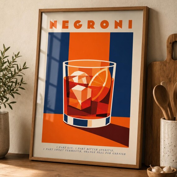 Vintage Negroni Cocktail Recipe Mid Century Italian Bar Poster