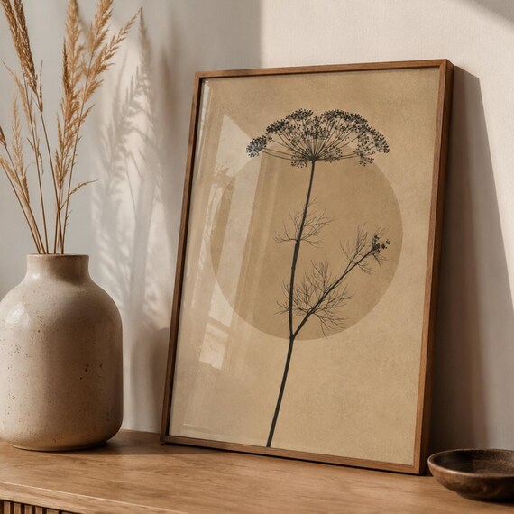 Wild Dill Flower Silhouette Beige Botanical Minimalist Art Poster