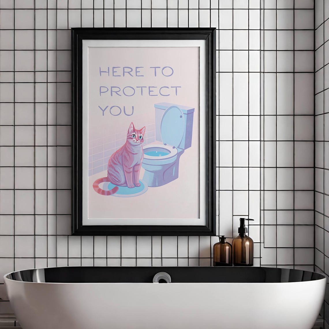 Here To Protect You Funny Cat Blue Bathroom Quote Trendy Wall Poster - Image 4