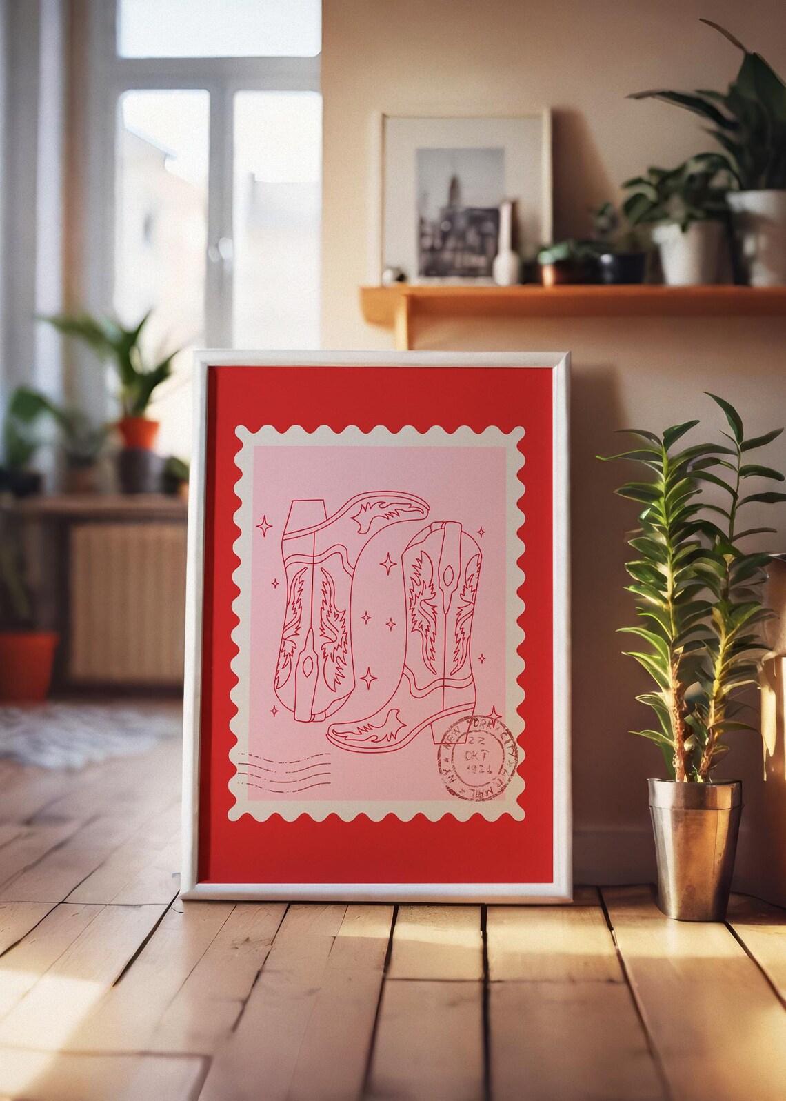 Pink Cowboy Boots Postage Stamp Trendy Western Coastal Wall Art Poster - Image 3