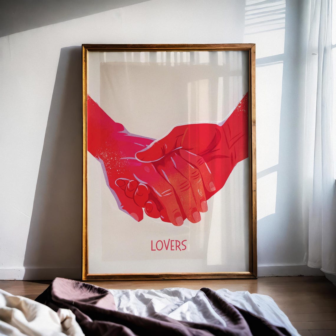 Lovers Red Holding Hands Romantic Minimalist Valentine Couple Poster