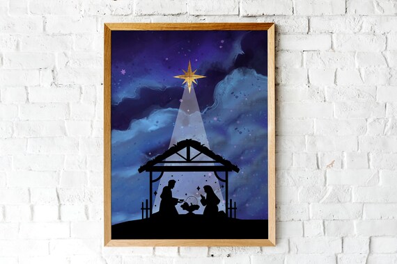 Nativity Silhouette Under Bethlehem Star Night Sky Christmas Poster