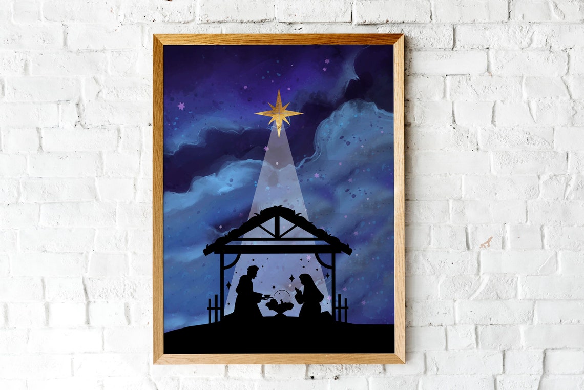 Nativity Silhouette Under Bethlehem Star Night Sky Christmas Poster