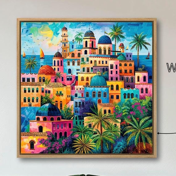 Vibrant Coastal Town Framed Wall Art Colorful Houses Painting Print Mediterranean Decor Palm Trees And Sailboats Poster Ready To Hang