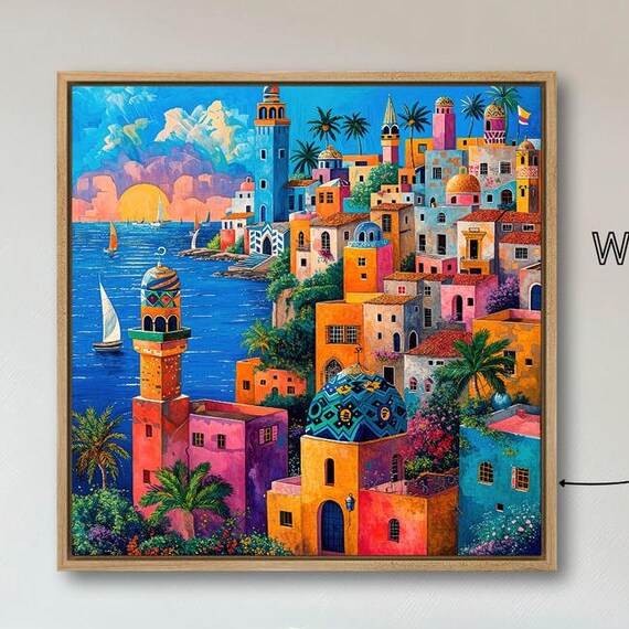Colorful Coastal Town Towers Domes Sunset Harbor Sailing Poster