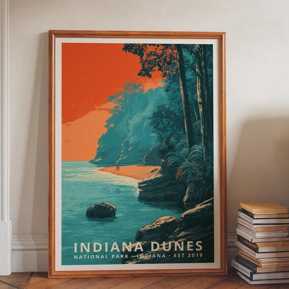 Indiana Dunes National Park Vintage Golden Sunset Lakeshore Poster