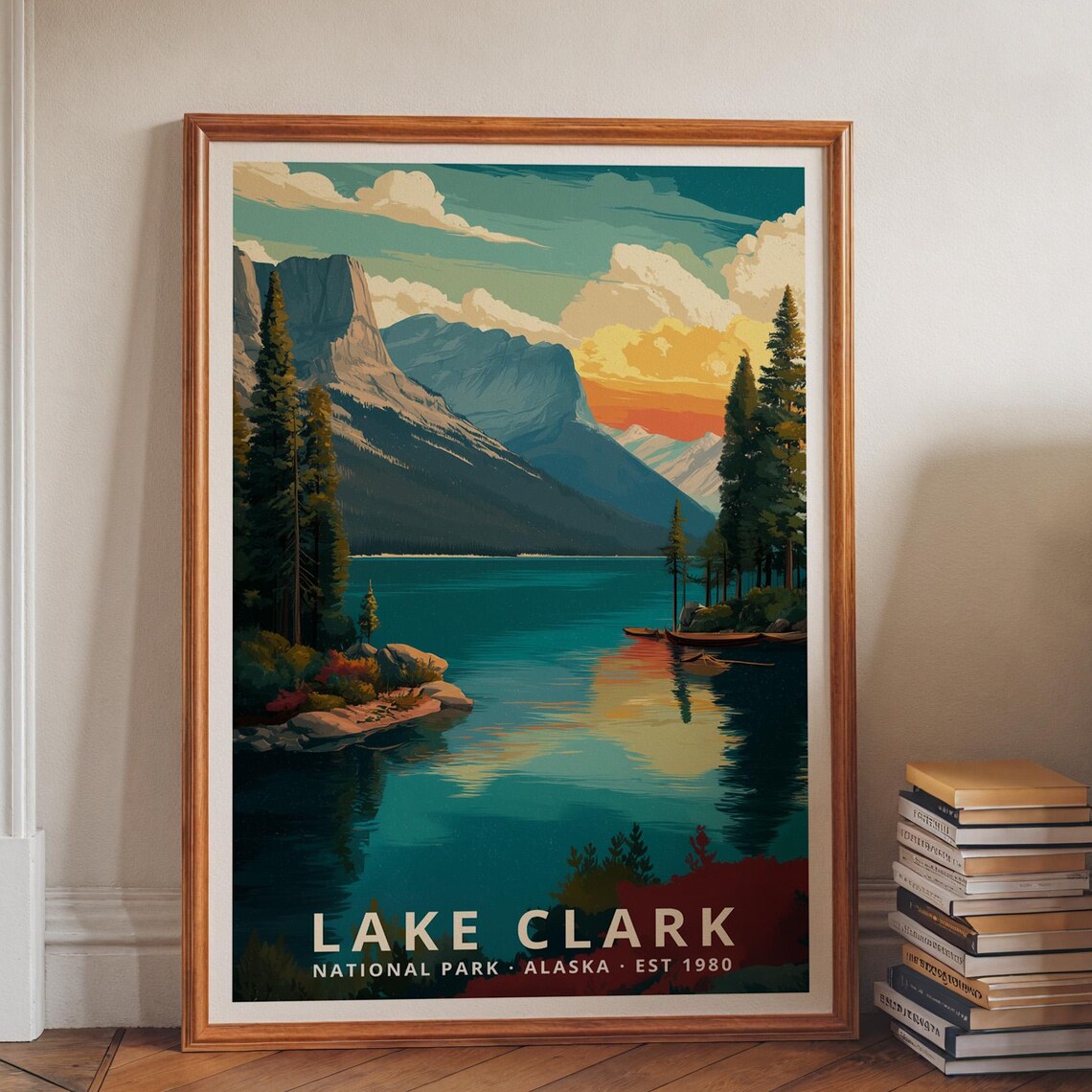 Lake Clark Alaska Sunset Mountain Lake National Park Travel Poster