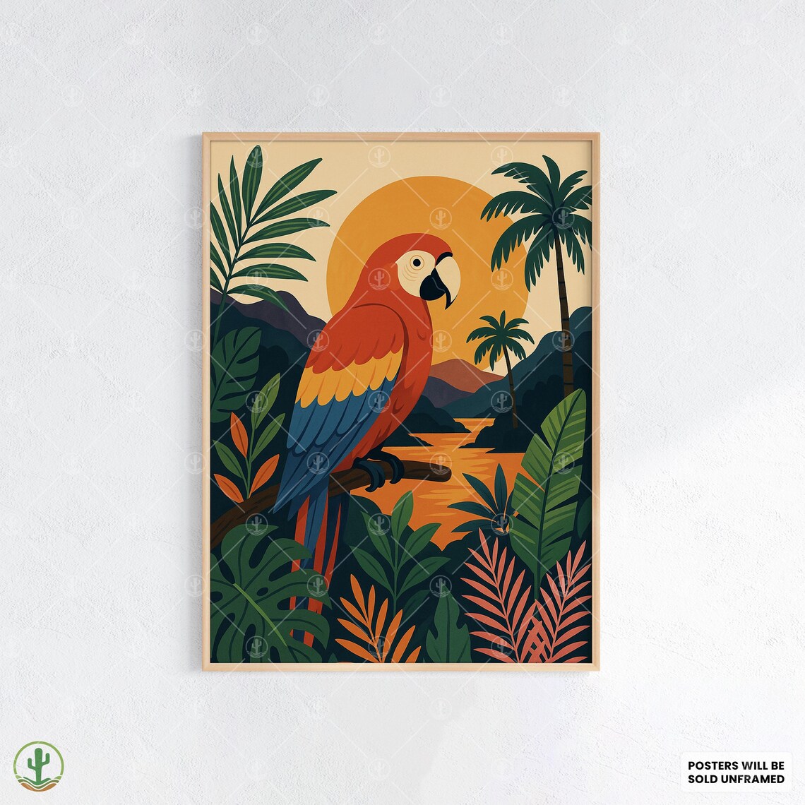 Scarlet Macaw Parrot Jungle Sunset Tropical Bird Illustration Poster
