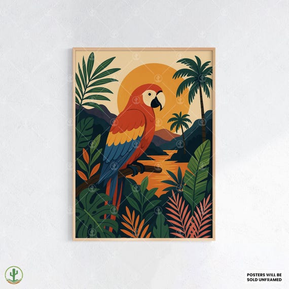 Tropical Parrot Jungle Wall Art Print Colorful Scarlet Macaw Illustration Poster With Sunset And Lush Foliage Decor
