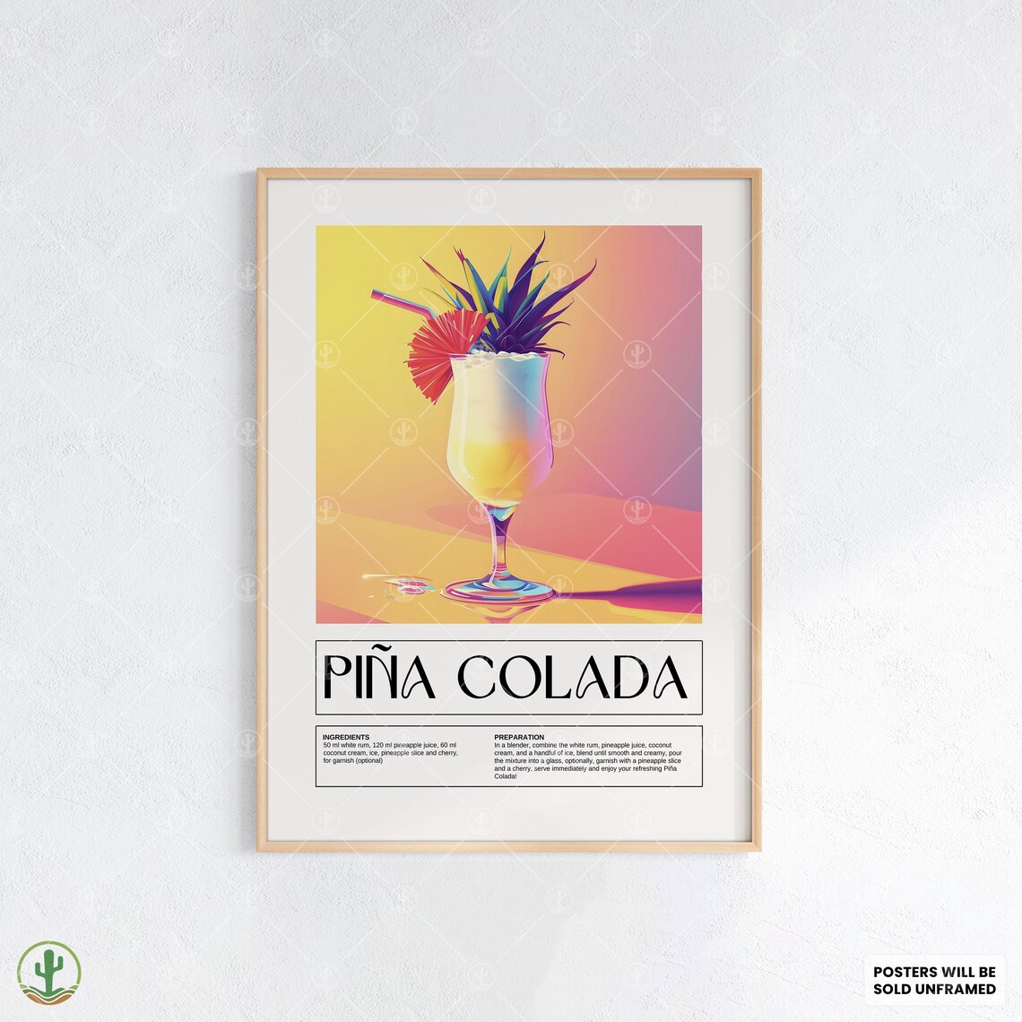 Piña Colada Cocktail Recipe Poster Tropical Hurricane Glass Bar Artwork