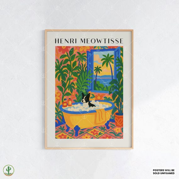 Tropical Henri Matisse Style Dog Bathroom Art Print Black And White In Bubble Bath With Ocean Sunset View Bold Floral Decor