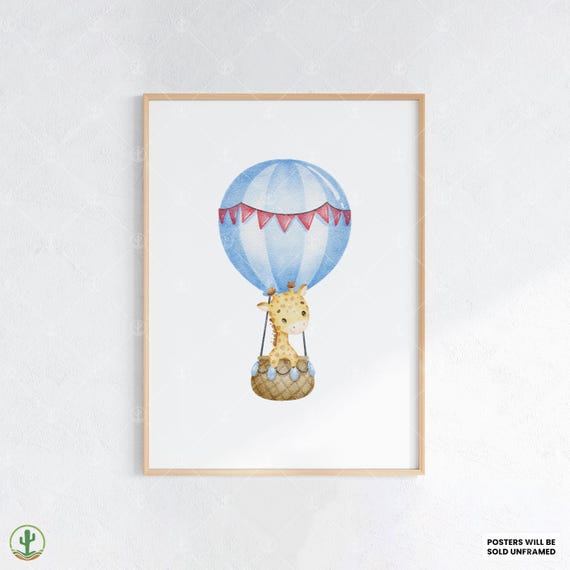 Giraffe In Hot Air Balloon Nursery Wall Art Print Cute Baby Room Decor Animal Kids Poster