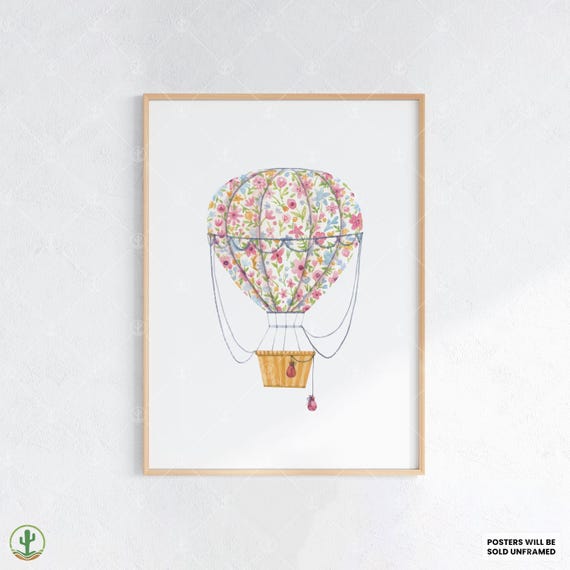 Floral Hot Air Balloon Art Nursery Wall Print Cute Baby Room Decor Animal Kids Poster