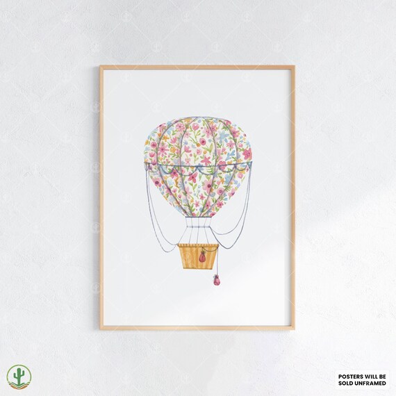 Floral Watercolor Hot Air Balloon Pastel Nursery Style Art Poster