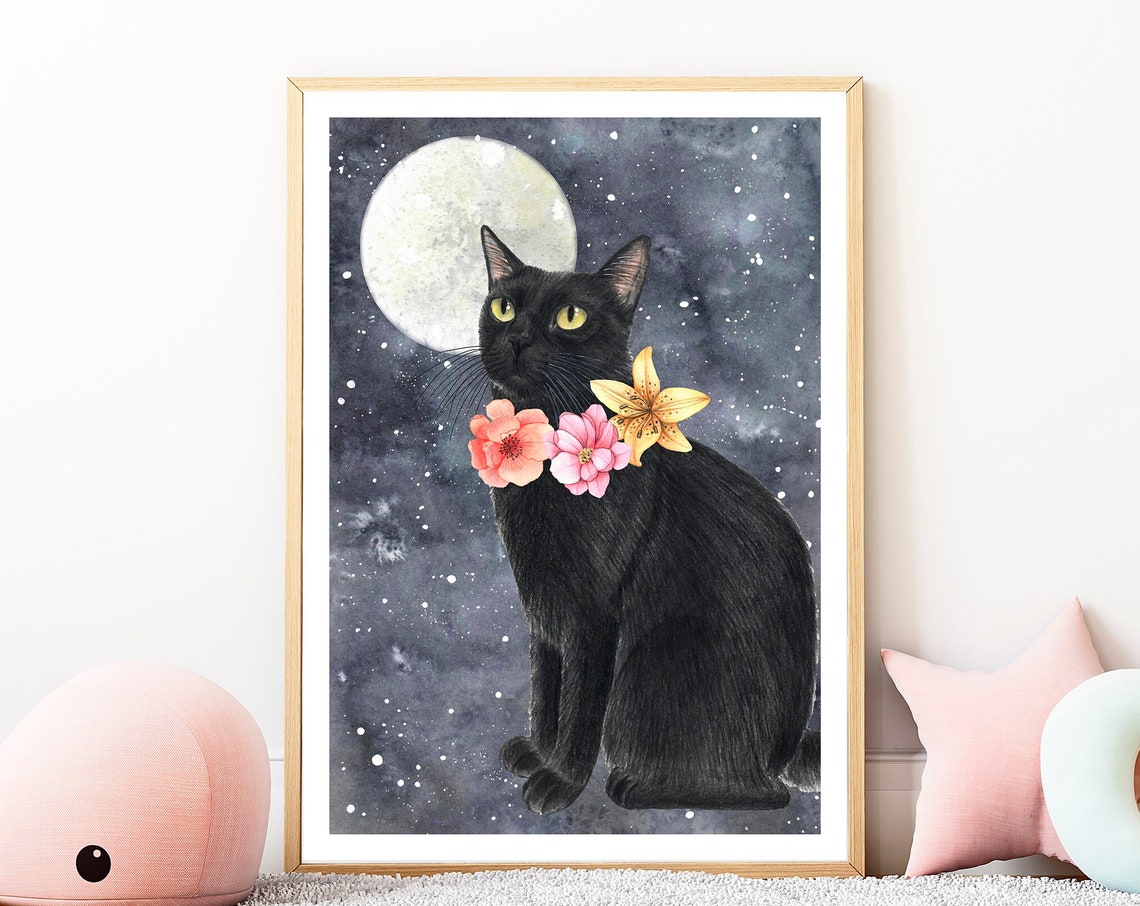 Black Cat On The Moon Art Print, Nursery Decor