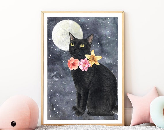 Black Cat On The Moon Art Print, Nursery Decor