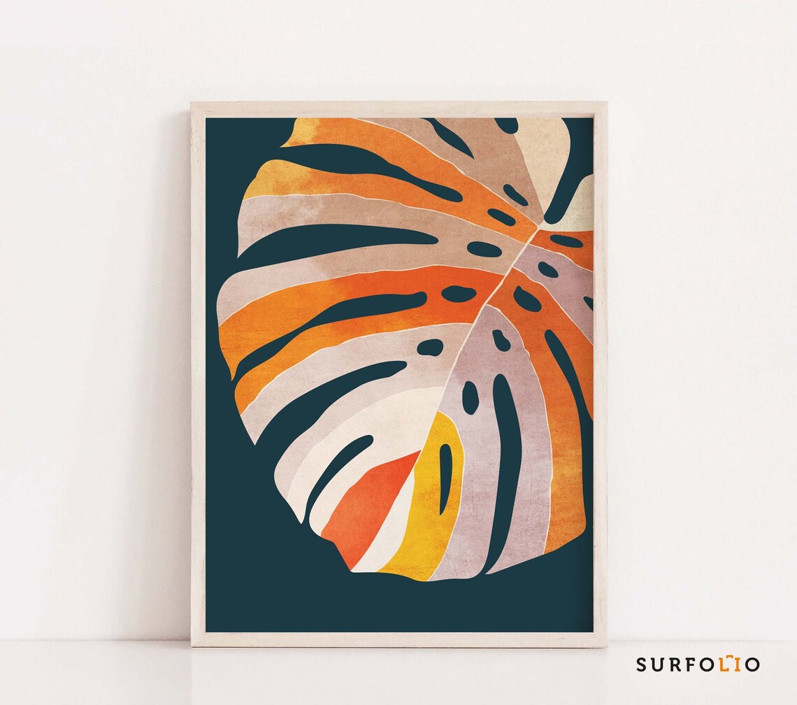 Boho Monstera Leaf Print, Abstract Rainbow Colors