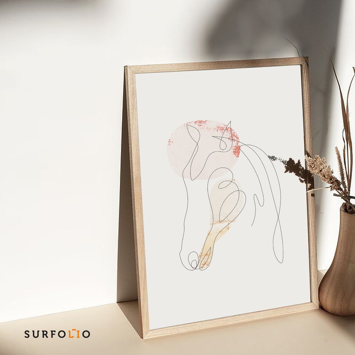 Minimalist Horse Head Line Art Poster With Blush Pink Sun Detail