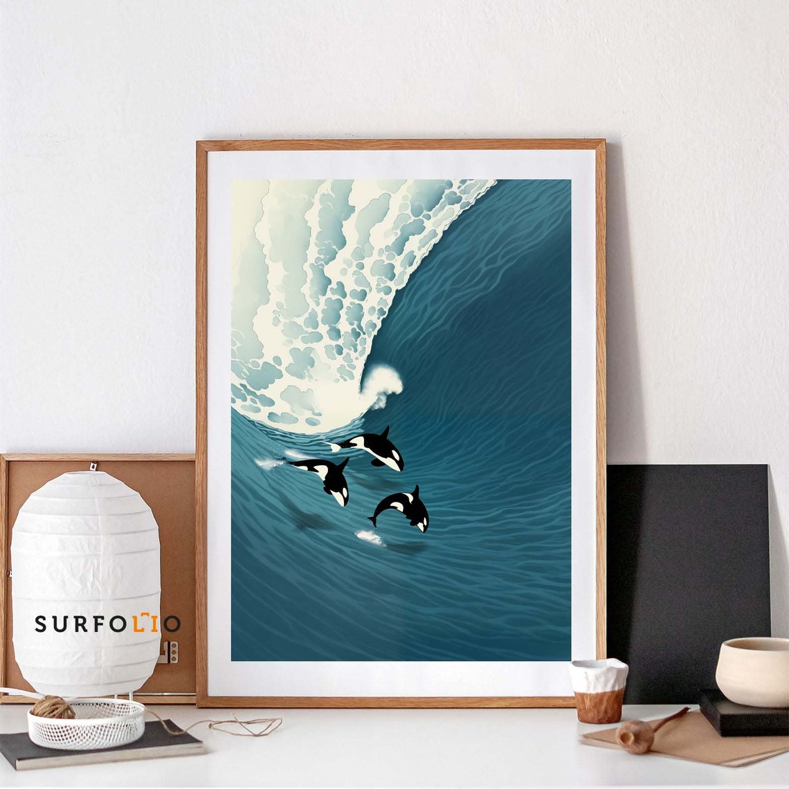 Orcas Riding Giant Blue Wave Japanese Style Marine Art Print