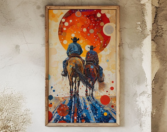 Two Cowboys Riding Into A Giant Sunset Abstract Western Horse Print