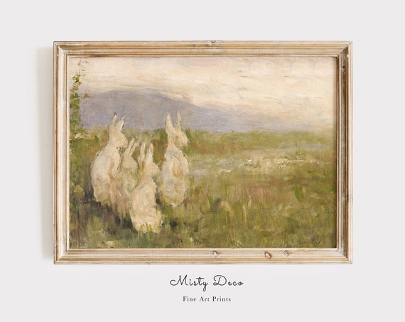 Spring Bunnies In A Meadow Vintage Painting Rabbits Field Nursery Wall Art Cute Rabbit Oil For Kids Room