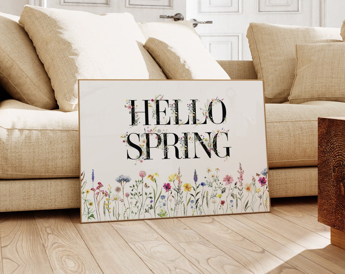 Hello Spring Wildflower Meadow Border Floral Lettering Wall Print