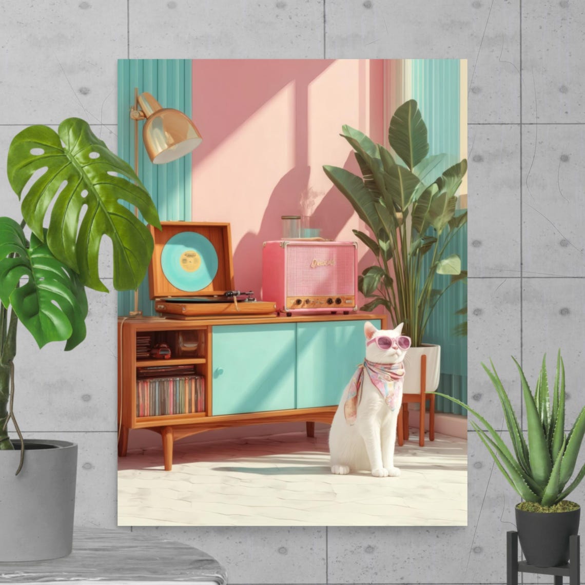 Glamorous White Cat With Sunglasses At Record Player Pink Retro Poster