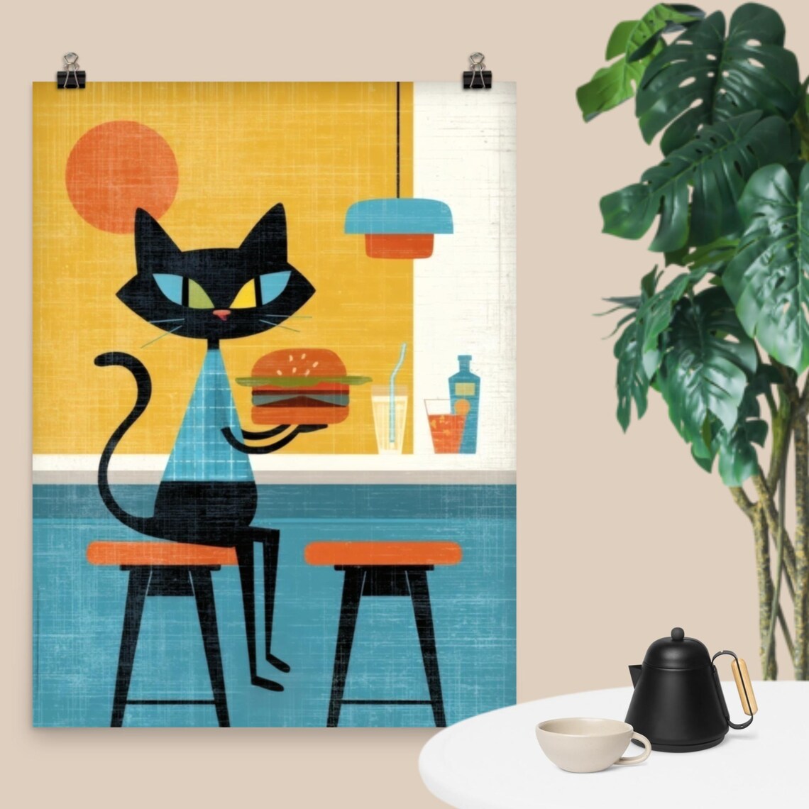 Retro Black Cat Burger Diner Midcentury Modern Atomic Style Poster