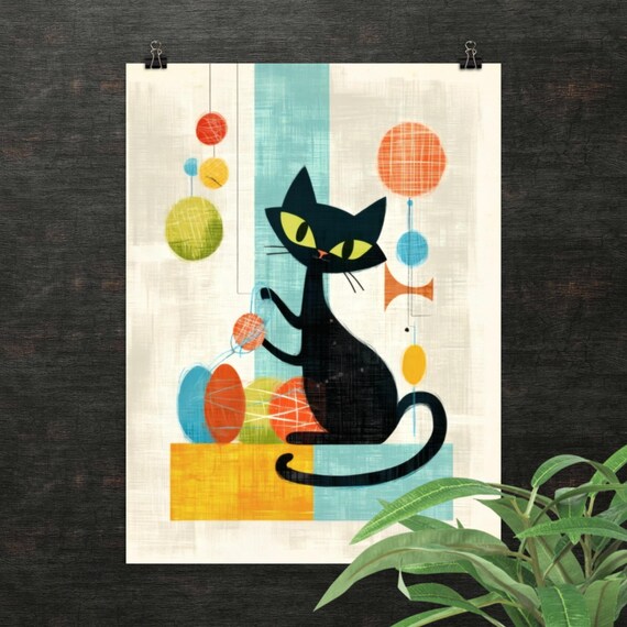 Atomic Black Cat Playing With Colorful Yarn Balls Retro Midcentury Poster