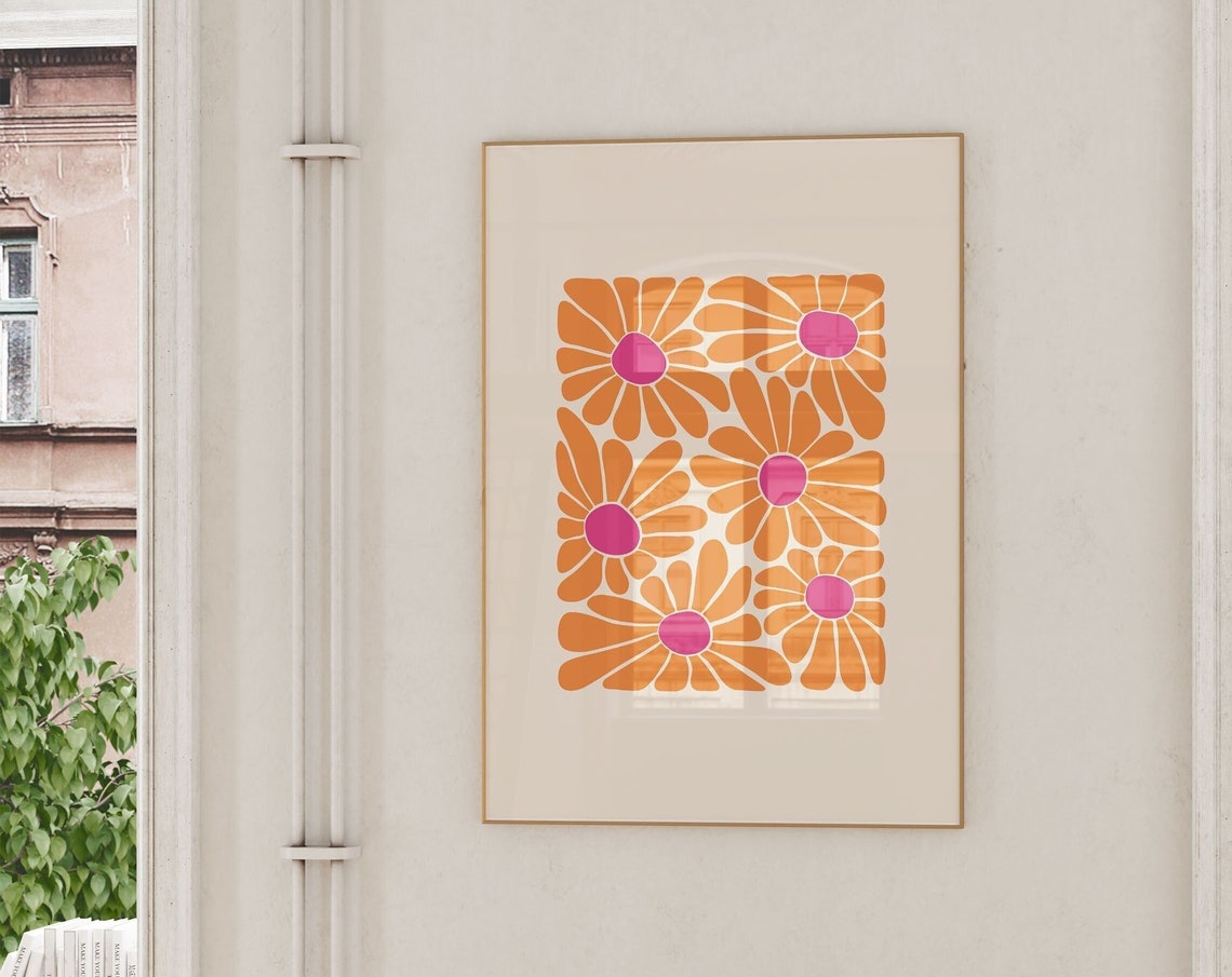 Retro Orange Daisy Grid Pink Centers Groovy 70s Flower Poster - Image 4