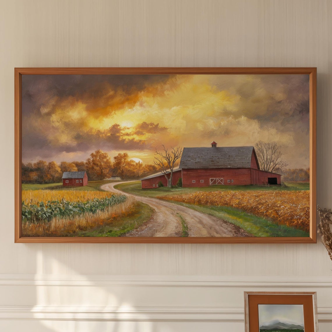 Red Barn Golden Sunset Dirt Road Country Farmhouse Autumn Art Poster