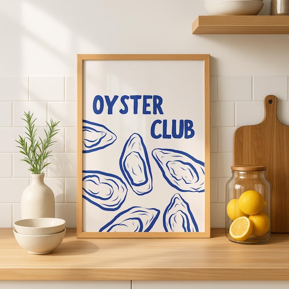 Oyster Club Blue Oyster Kitchen Food Lover Coastal Illustration Poster