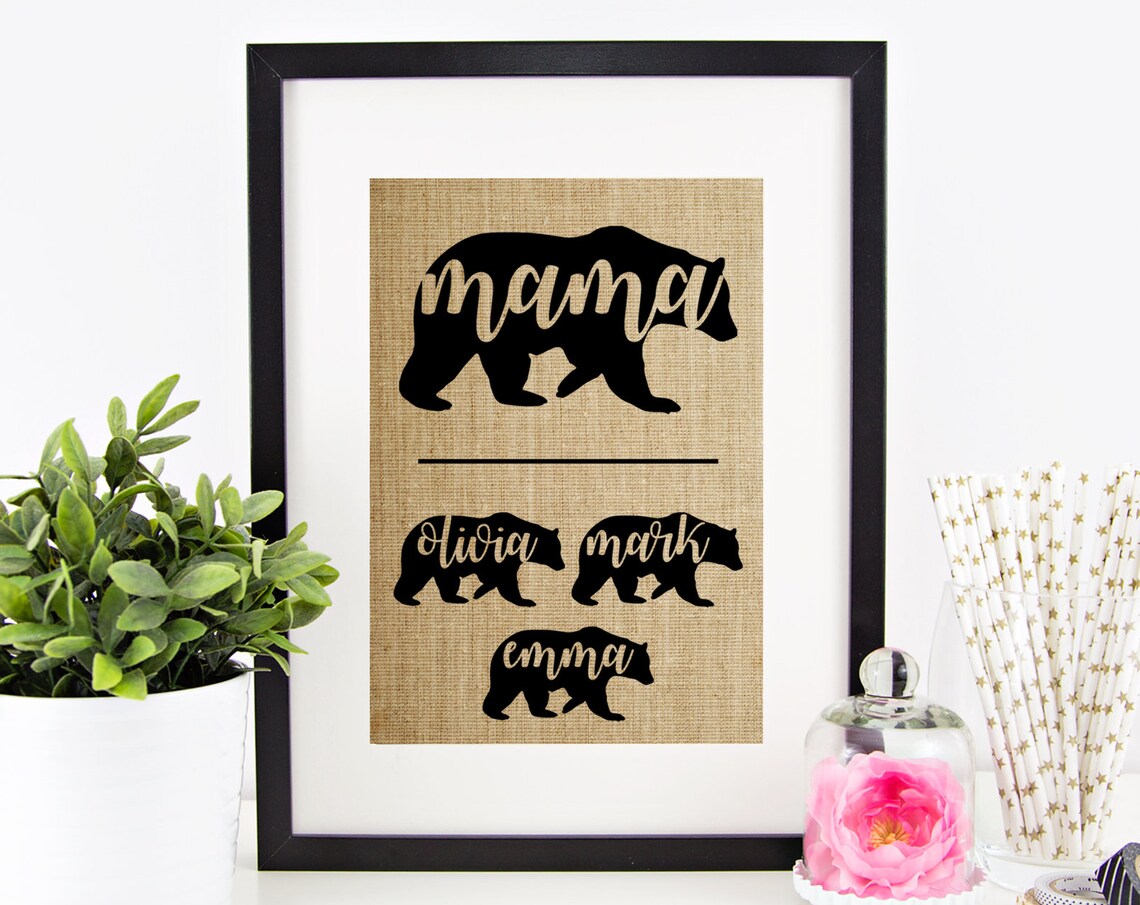 Mama Bear Family Cubs Olivia Mark Emma Silhouette Burlap Gift Print