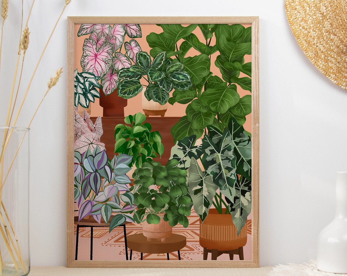 Pink Caladium and Lush Houseplants on a Cozy Plant Shelf Poster - Image 3