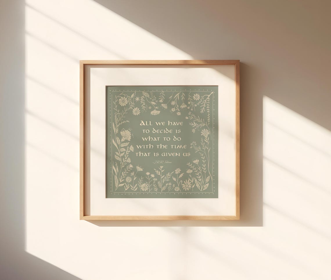 All We Have To Decide Tolkien Quote Vintage Blue Floral Square Poster - Image 2