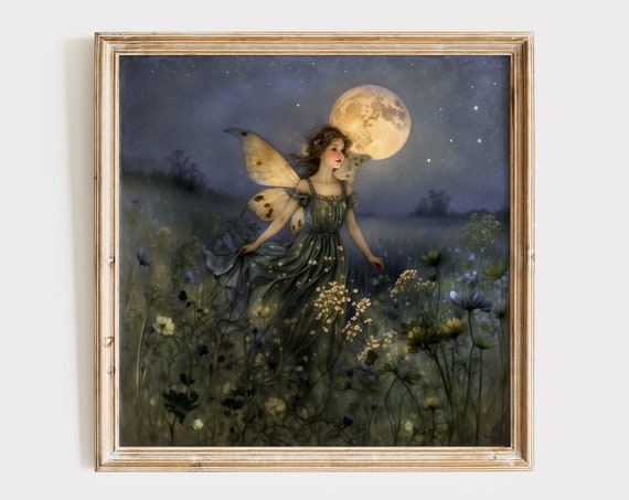 Fairy In A Flower Meadow Under Full Moon Illustration Cute Wall Art For Nursery Or Childrens Room Enchanting