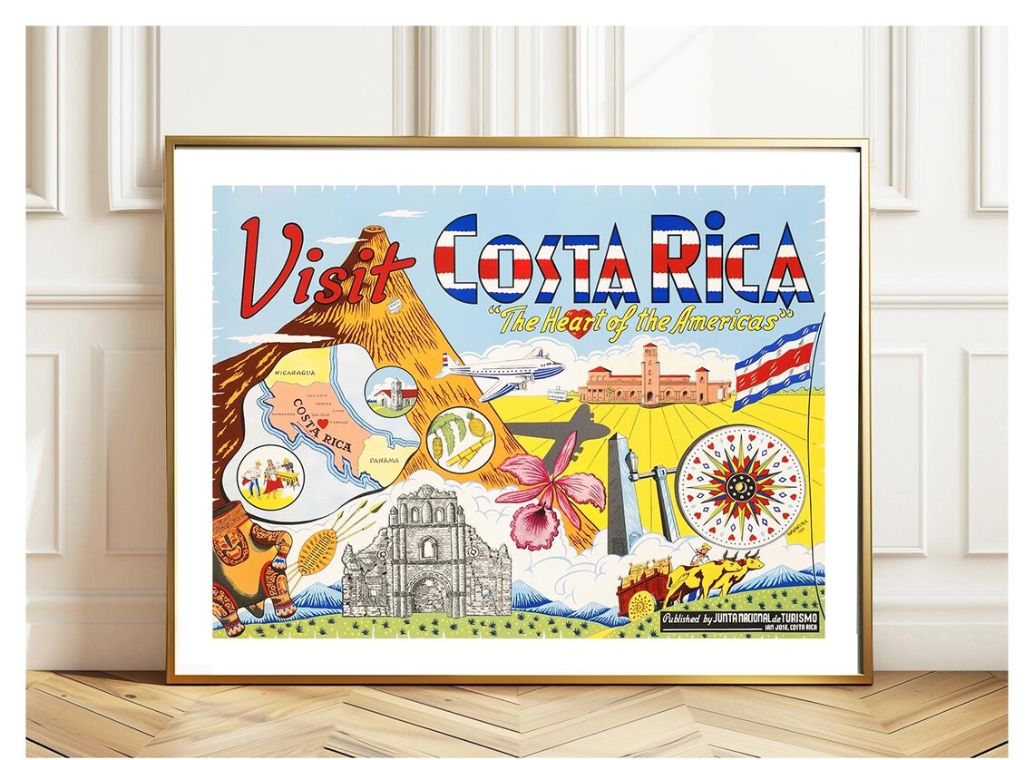 Visit Costa Rica The Heart of the Americas Vintage Travel Map Poster - Image 2
