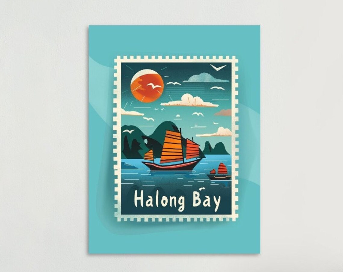 Halong Bay Vietnam Junk Boats Limestone Karsts Stamp Travel Poster