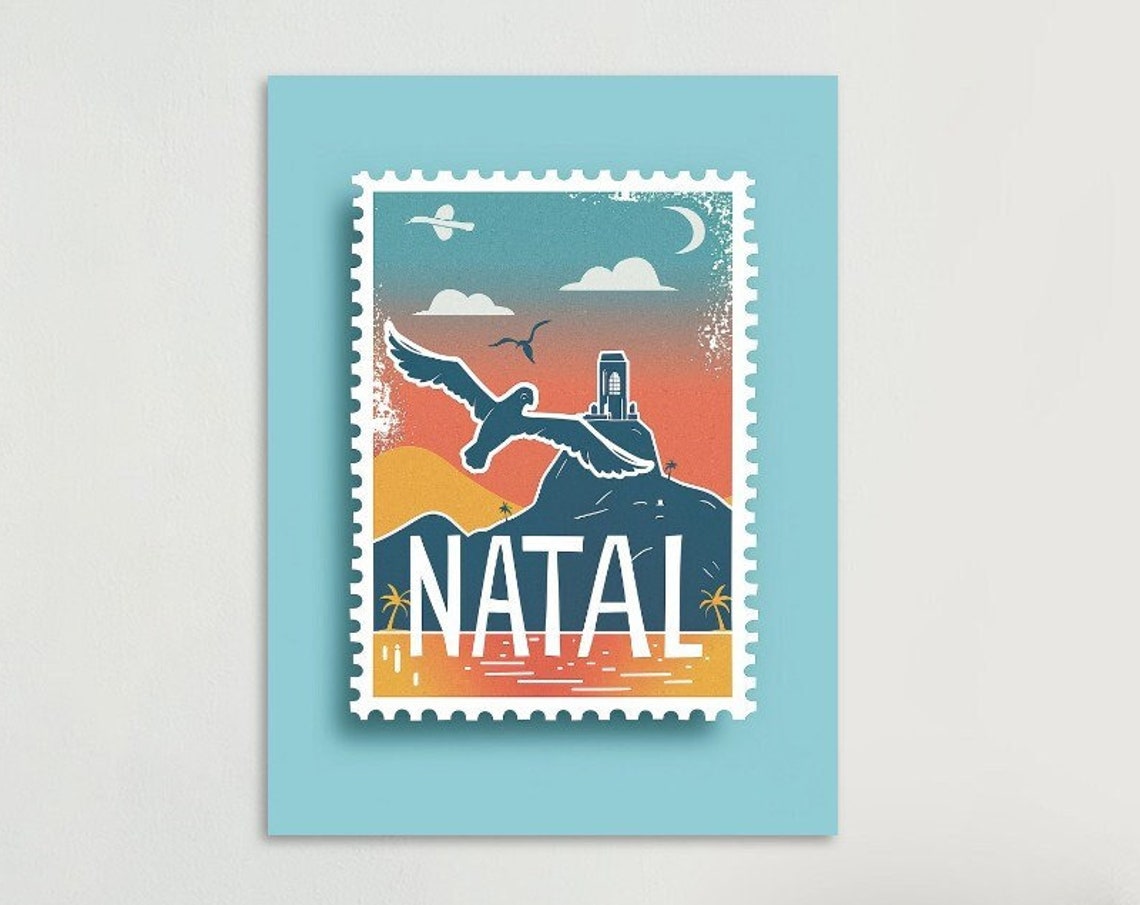 Natal Brazil Seabird Cliff Sunset Vintage Travel Stamp Poster