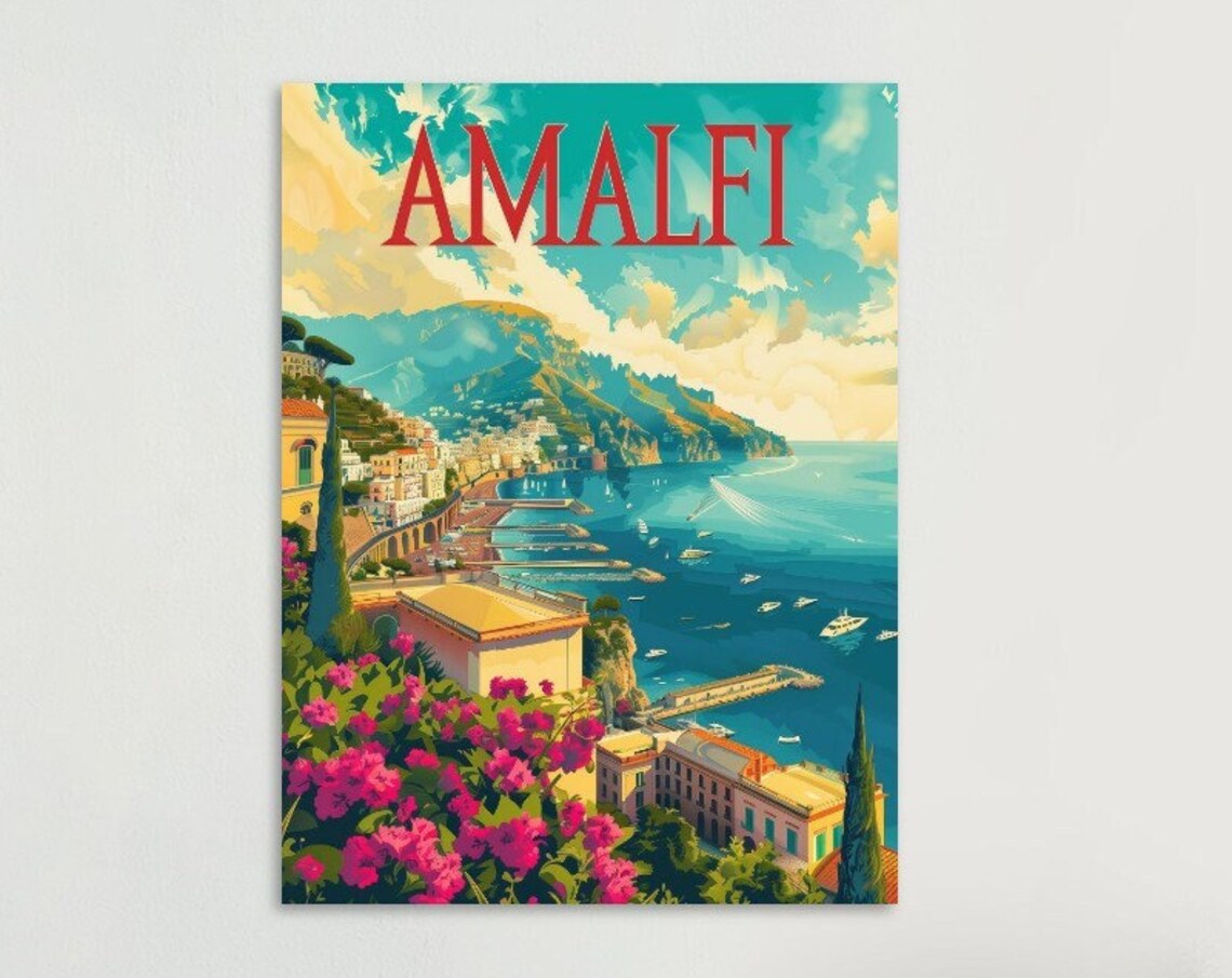 Amalfi Coast Cliffs Bougainvillea Vintage Italian Sea Poster