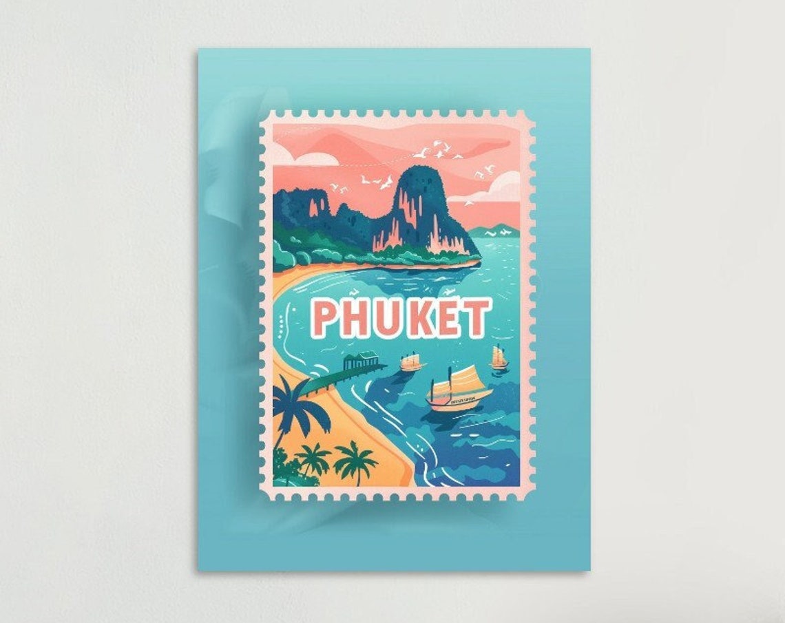 Phuket Thailand Cliffs Beach Boats Vintage Travel Stamp Poster