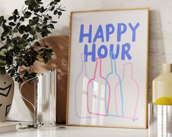 Happy Hour Bottles Pink Blue Line Art Modern Bar Cart Kitchen Wall Poster