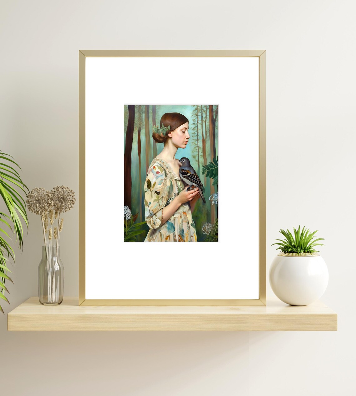 Woman In Forest Holding Bird Floral Dress Botanical Art Poster - Image 4